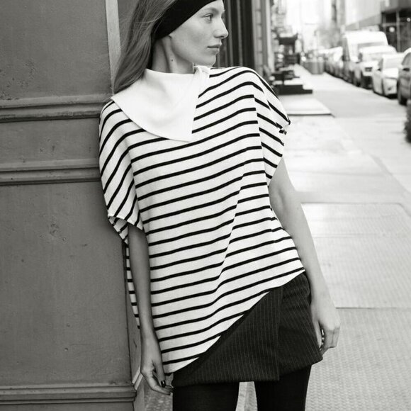 Zara Size L Soft Striped Sweater, Asymmetrical Hem, Split Cowl Neck Collar, NWOT - Picture 13 of 13
